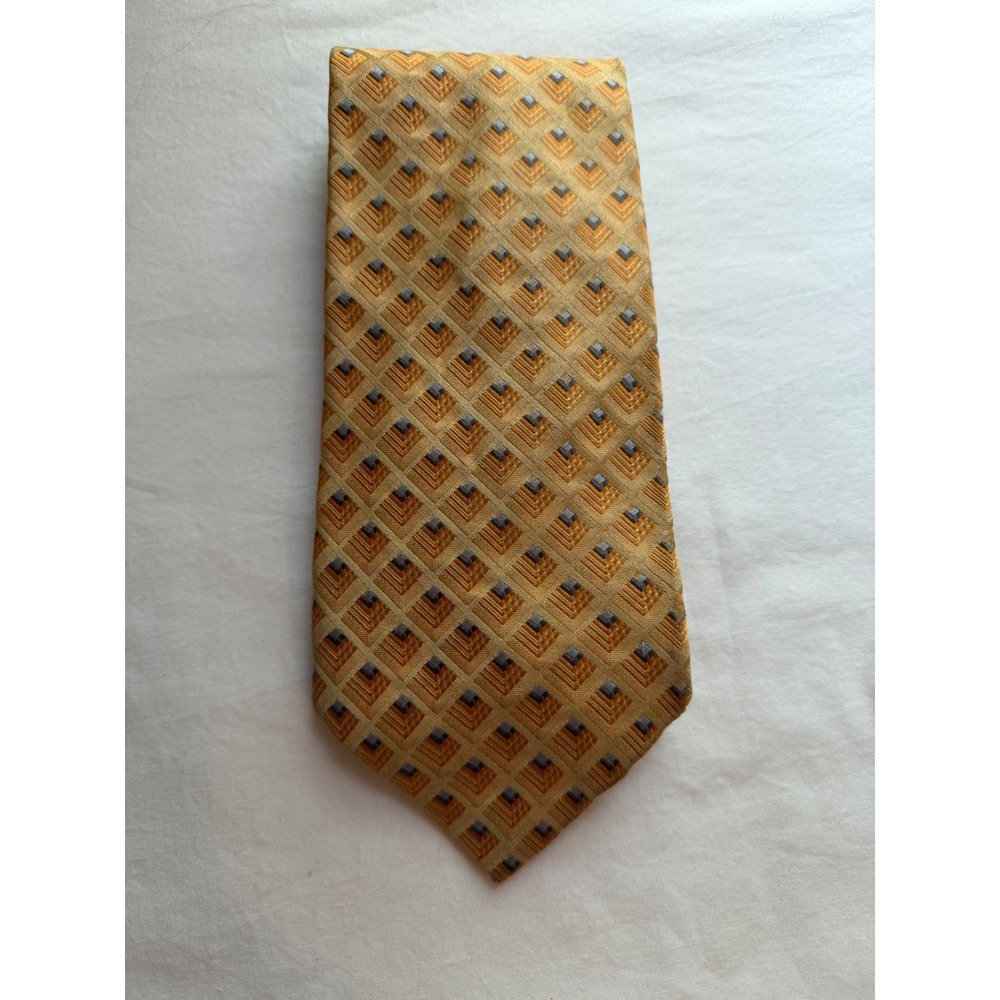 XMI Platinum Mens Gold Geometric Diamond Silk Necktie Made in USA Italian Fabric